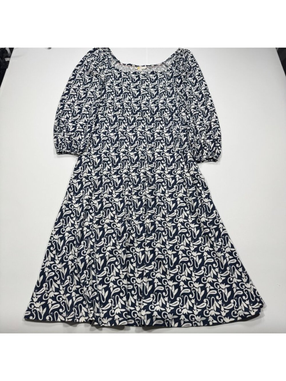 Boden Midi Dress Women's 6P Black Floral Cotton Fit & Flare Puff Sleeve Casual
